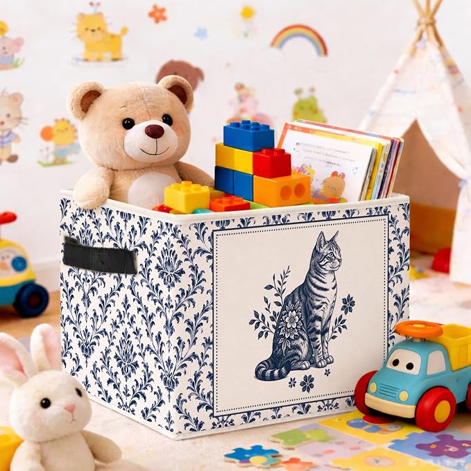 Blue Floral Cat Storage Bin, Foldable Fabric Organizer | Blue floral cat storage bin with vintage porcelain style for toys, books, clothes, pet items, shelves, and rooms.