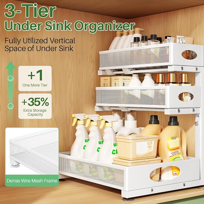 Kitstorack Under Sink Organizer 3-Tier Slide Out Drawer for Bathroom 1-Pack | Height Adjustable, Metal Mesh Storage Rack, Pull out Cabinet Organizer Shelf for Kitchen Pantry Home Laundry Organization