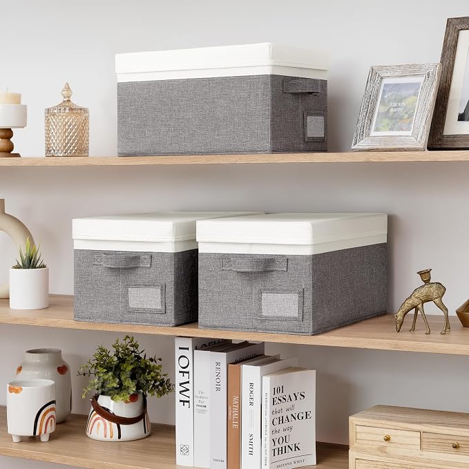 GRANNY SAYS Storage Bins with Lids, Decorative Storage Boxes with Lids | Storage Box with Dust Cover, Handles & Lable, Collapsible, Ideal for Closet Clothes Blanket Toys, Medium, White&Gray, 3-Pack