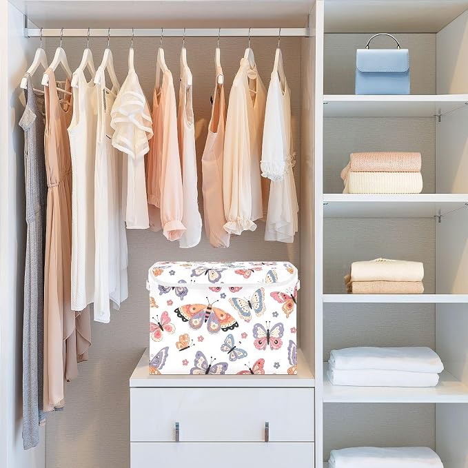 Butterfly Fabric Storage Bins with Lid Foldable Storage Boxes 40L Baskets | Decorative Storage Boxes, Dust-Proof Flip Top, Reinforced Handles, For Home & Bedroom, Clothes & Toy Box, Oxford Fabric Print