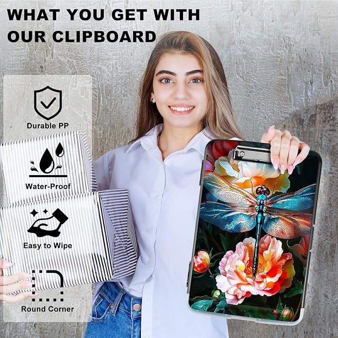 Peony Dragonfly A4 Clipboard with Storage Pen Holder, Clipboards Organizer Nursing Clipboard Foldable File Folder Plastic Clipboard Folio Clip Board for Office Students Classroom Doctor