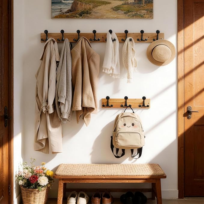 SKOLOO 17-Inch Wood Coat Rack Wall Mount with 3 Triple Hooks - Ideal for Family Entrances, Classrooms, and Pet Supplies Storage - Perfect Coat Hooks for Wall, Black on Natural