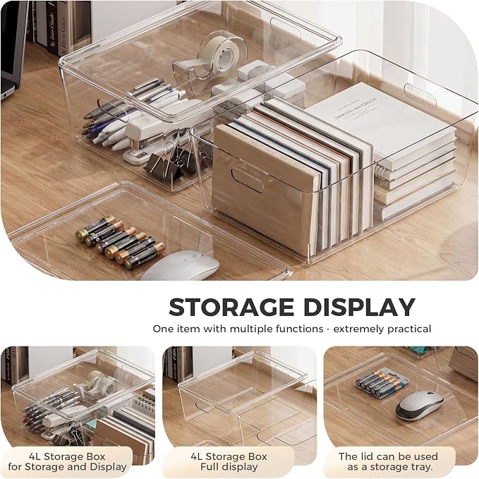 6 Pack Large White Storage Bins with Lids, PET Plastic Pantry Organizers and Storage Containers for Kitchen, Fridge, Bathroom, Office (Clear)