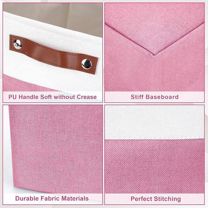 Bagnizer Collapsible Fabric Storage Cubes 11x11 Cube Storage Bins, 4 Pack Closet Baskets Box with Handles for Organizing, Shelf, Toys, Clothes, Home, Office, Nursery (Pink&White)