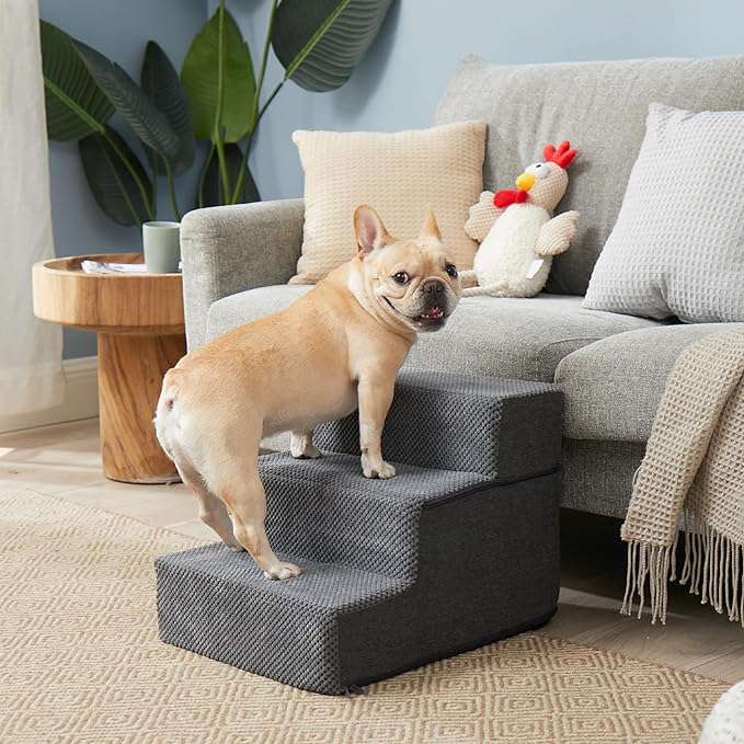 EHEYCIGA Dog Stairs for Small Dogs 13.5" H, 3-Step Extra Wide Dog Steps for Couch Sofa and Chair, Pet Steps for Medium Cats, Non-Slip Balanced Pet Ramp Indoor, Grey