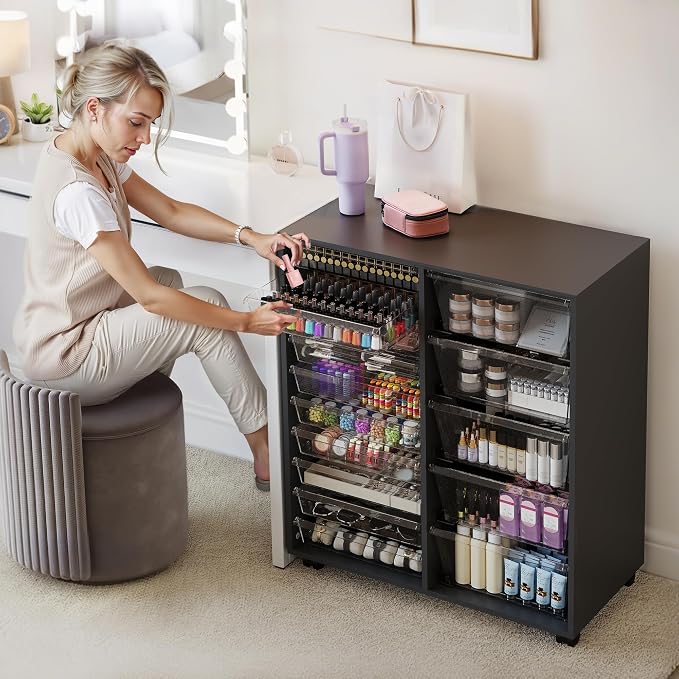 Mobile Storage Cabinet with 15 Clear Drawers, Modern Black | Craft Cabinet with 5 Large Drawers, Cart with Wooden Tabletop, Printer Stand Home Office, Dresser Chest