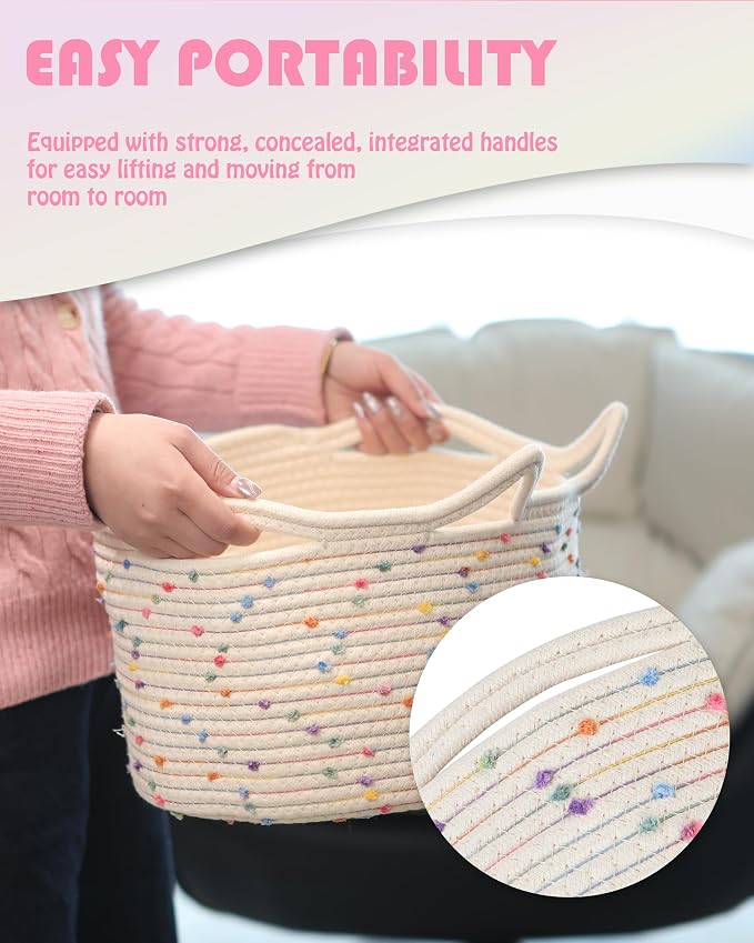 Sea Team Cat Toy Storage Basket with Handles and Ears, Rainbow Meow | Large Cotton Rope Storage Bin, Shelf Basket, Organizer for Pet Chew Toys, Foods, 16.5 x 11 x 7 Inches, 4.4 Gallons
