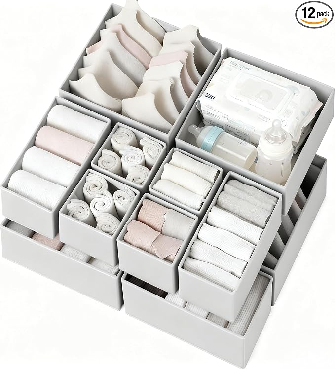 Criusia Drawer Organizer Clothes 12 Pack, Dresser Organizer for Nursery Bedroom Closet Organization and Storage - Baby Clothes Organizer Bins - Drawer Divider for Sock Underwear Bra Ties (Grey)