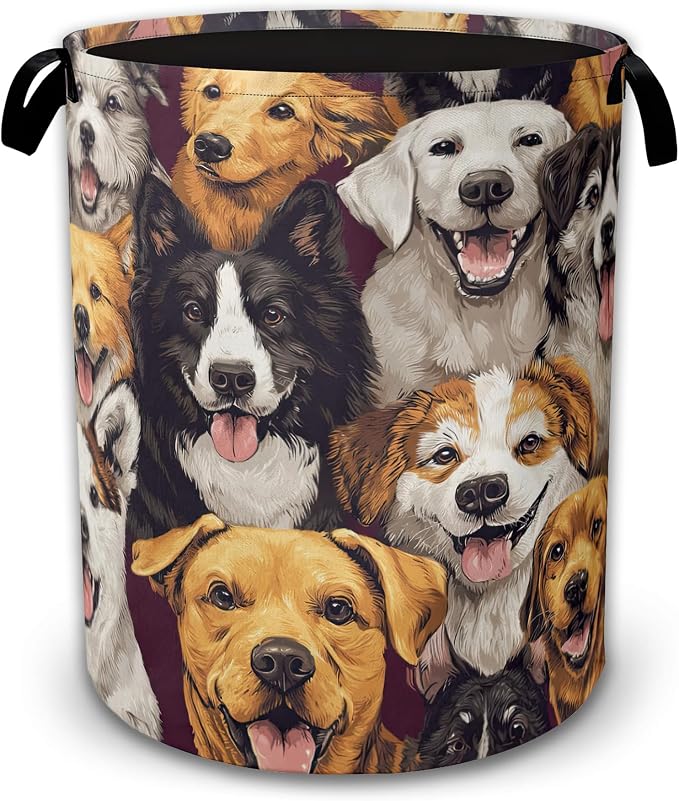 Cute Dog Collapsible Laundry Basket,Pet Faces Waterproof Oxford Cloth Hamper with Handles,Portable Storage Organizer for Laundry Room Bedroom