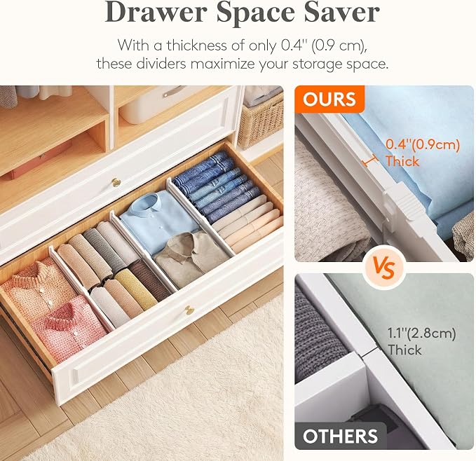 Lifewit 6" Tall Drawer Dividers, Adjustable Deep Drawer Organizer Clothes | 5 Pack 11.5"-18.5" Expandable White Plastic Separators for Dresser, Kitchen, Cabinet, Closet, Office Organization & Storage