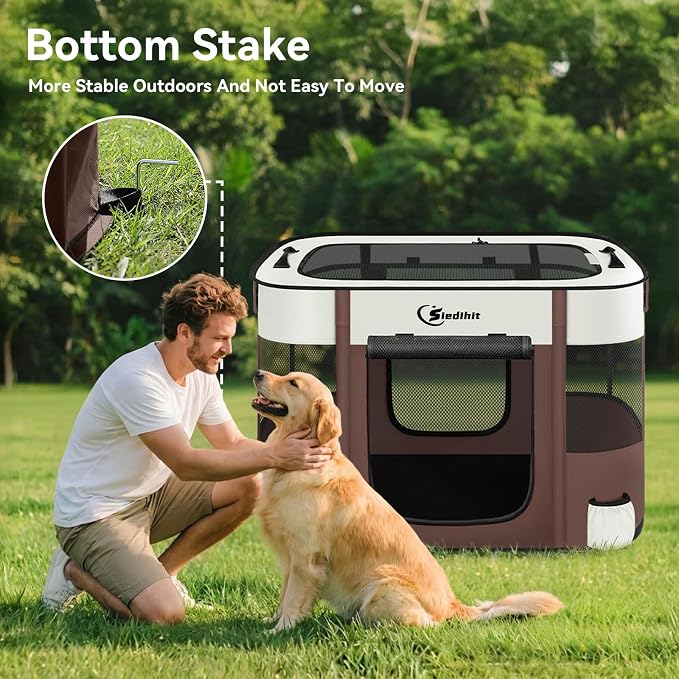 Siedihit 35" Dog Playpen,Cat Puppy Pen, Pet Portable Crate Indoor Outdoor | Durable Travel Camping Use,Foldable Dog Kennel Tent Cage for Rabbit Small Animals with Carrying Case(Brown, Large)