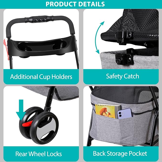 4 Wheels Foldable Pet Dog Cat Jogger Stroller Travel Carrier Strolling Cart w/Waterproof Cover Storage Basket Cup Holder & Detachable Carrier for Medium Small Cat Dog, Grey