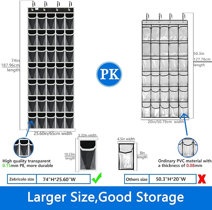 over the door shoe organizer,upgraded,over door shoe organizer,35 Huge clear pockets,Store size 13 shoes,shoe organizer,Strong material,hooks Suitable for various doors,Black