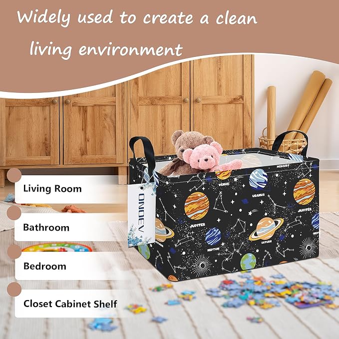 Rectangular Solar System Planet Storage Bin, Closet Organizer Basket | Moisture repellent textile, reinforced carry grips, collapsible holder tidies cabinet and teenage bedroom belongings