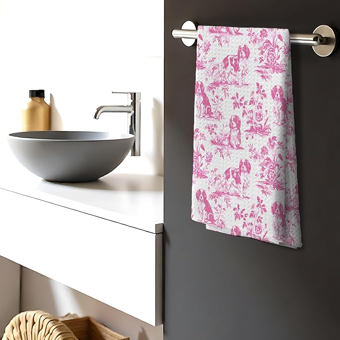 Pink Chinoiserie Cavalier King Charles Spaniel Kitchen Towels,Cavalier King Charles Spaniel Gifts,Grandmillennial Botanical Dog Hand Towels for Kitchen Bathroom, 16x24 Inch