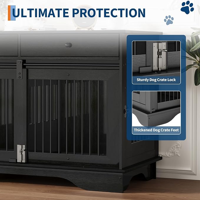 Garvee 47" Large Dog Crate Furniture, Wooden Dog Kennel End Table | with 2 Storage Drawers, Removable Divider & Sliding Door, Heavy Duty Decorative Pet Cage for Small, Medium, Large Breeds
