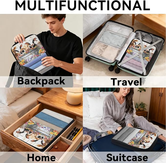 Cute Cow 6 Set Compression Packing Cubes Farmhouse Rustic Cow Flower Expandable Packing Organizer for Travel Accessories Luggage Suitcase Bag