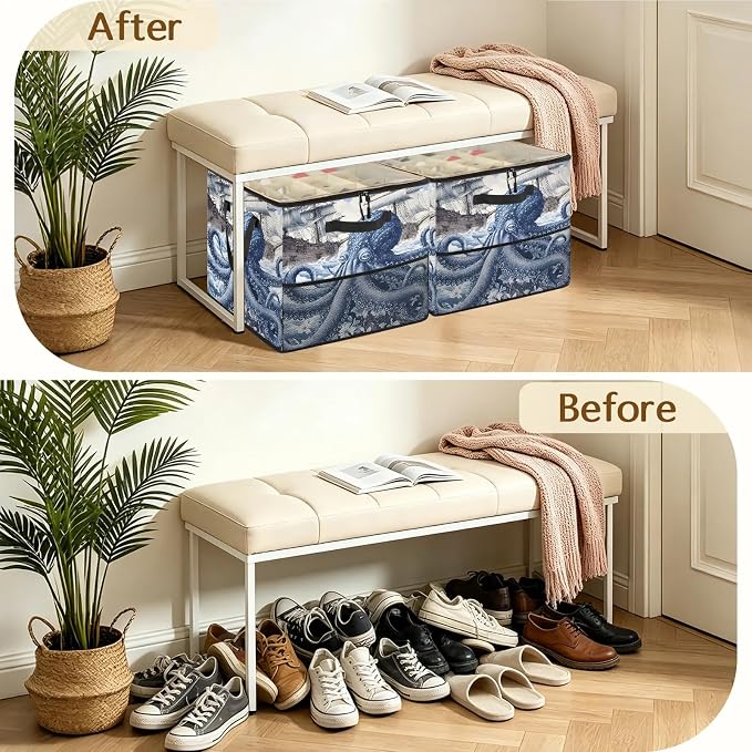 TropicalLife Octopus Nautical Kraken Ocean Shoe Organizer for Closet | Foldable Shoe Storage Box Bin 16-32 Pair Shoe Storage for Sneakers, Boots & Heels with Adjustable Dividers, Clear Cover