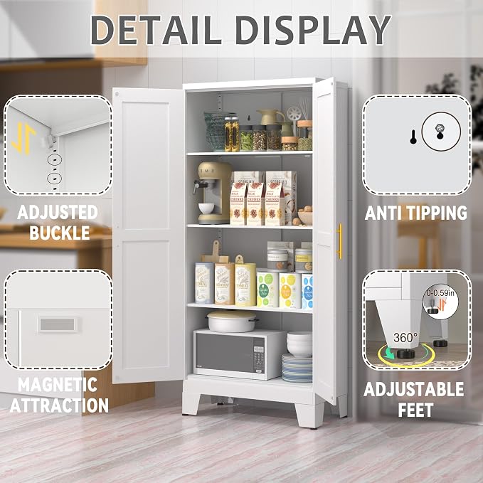 GAIOUS 61.02" Metal Pantry Cabinet, White Kitchen Pantry Storage Cabinets | with Adjustable Shelves and Feet, Pantry Storage Cabinet for Kitchen, Dining Room, Living Room, Bathroom, Linen Craft cabinet