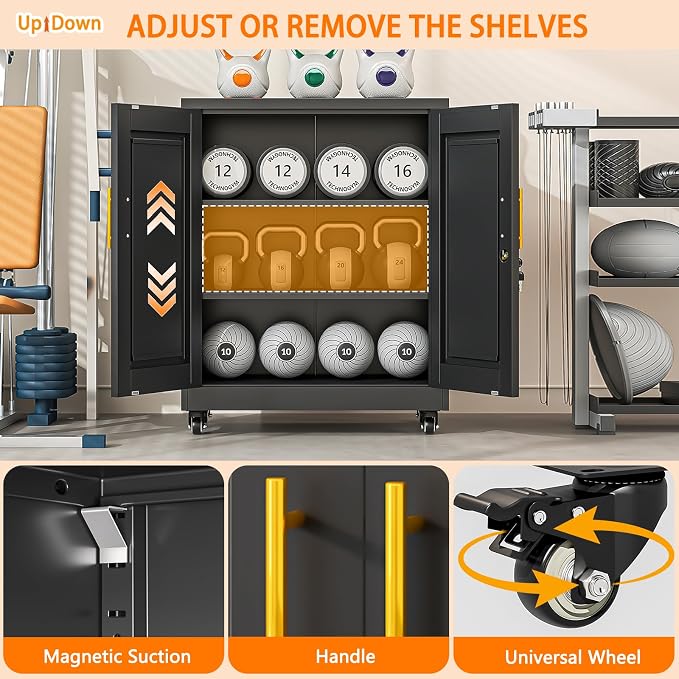 Small Metal Storage Cabinet with Wheels, Lockable Tool Cabinet with Doors | 2 Adjustable Shelves, Locking Doors, Magnetic Closure, Rolling Base, Compact 27.6-Inch Width, Cold-Rolled Steel