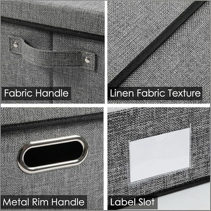 Storage Bins with Lids [3-Pack] Linen Fabric Foldable Storage Boxes Organizer Containers Baskets Cube with Cover for Bedroom Closet Office Grey(23.4X15.9X11.4)