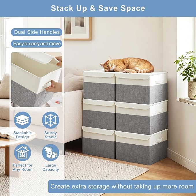 Large 22 Quart Linen Fabric Foldable Storage Bin Cube Organizer Basket with Flip-Top Lid & Handles, Clothes Blanket Box for Home, Office, Closet, Gray & White, 4 Pack 14.6 x 9.5 x 9.5”