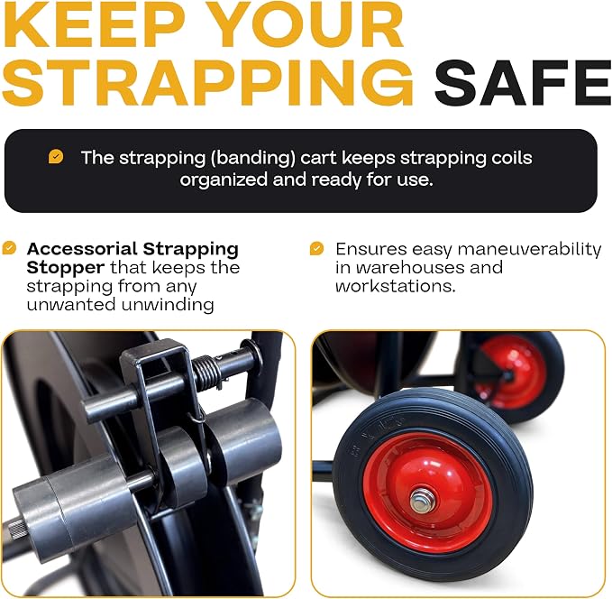 IDL Packaging Strapping Cart & Dispenser for Steel Strapping, 16" x 3" Core | CA-505 for Steel Coils - Advanced Roller Brake System - Built-in Tray for Tools, Seals, and Gloves