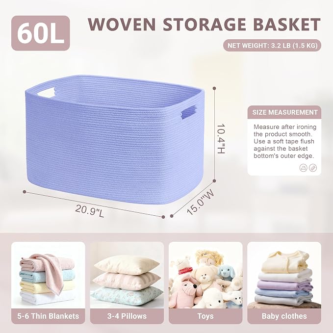 60L Woven Laundry Basket Hamper with Handles, Blue Purple | collapsible wicker hamper, storage for dirty clothes, toys, blankets, gifts, living room, bedroom, bathroom, 21"x15"x11"