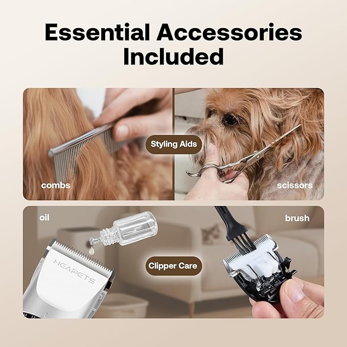 HEAPETS Dog Hair Clippers for Grooming Kit and Dog Paw Trimmer Nail Grinder for Grooming, Low Noise Rechargeable Cordless, Shaver Grooming Supplies for Pet Cats Dogs (White, White)
