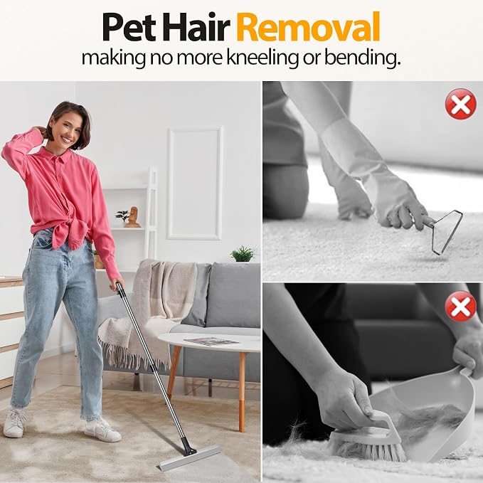 Carpet Rake for Pet Hair Removal Tool,Reusable Hair Remover Broom | Dual-Action Carpet Brush, 2 in 1 TPU and Copper Rake Teeth, 54" Adjustable Long Handle, Dog Cat Fur Broom for Rugs Mats Floor