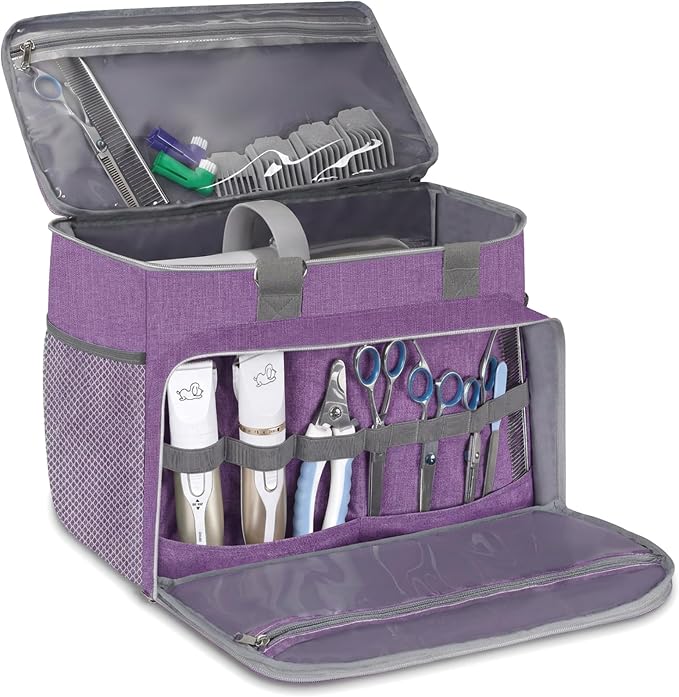 Dog Cat Grooming Bag for Vacuum,Scissors,Dog Grooming Kit Supplies | Portable Pet Grooming Supplies Organizer Tote Bag for Dogs Cats Grooming Kit Trimmer Tool Accessories Purple(Bag Only)