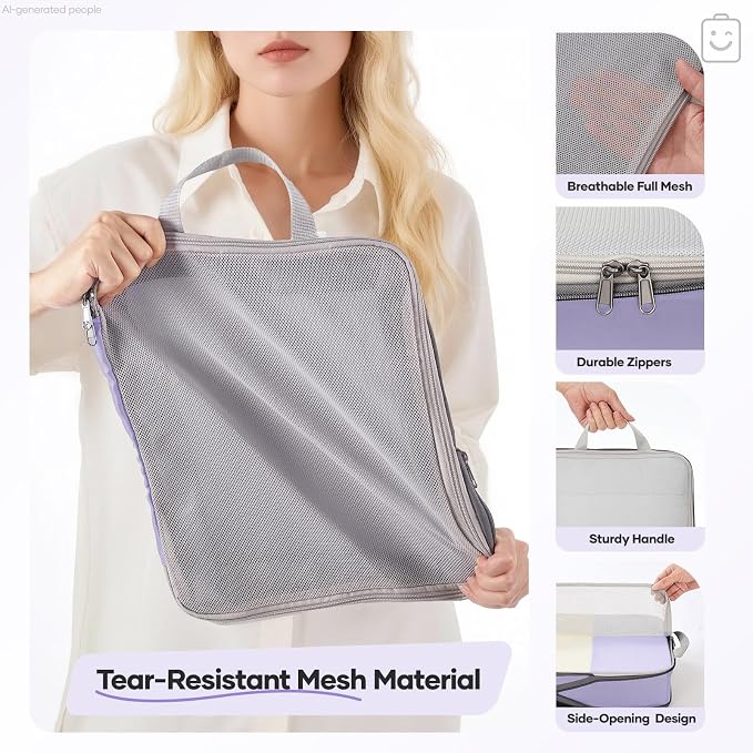 Veken 11 Set Compression Packing Cubes Garment Bags for Travel Essentials,Compressible Expandable Luggage Organizer Bags for Clothing,Space Saver Bags with Over 1000 pcs of Mesh Holes(Purple Gray)