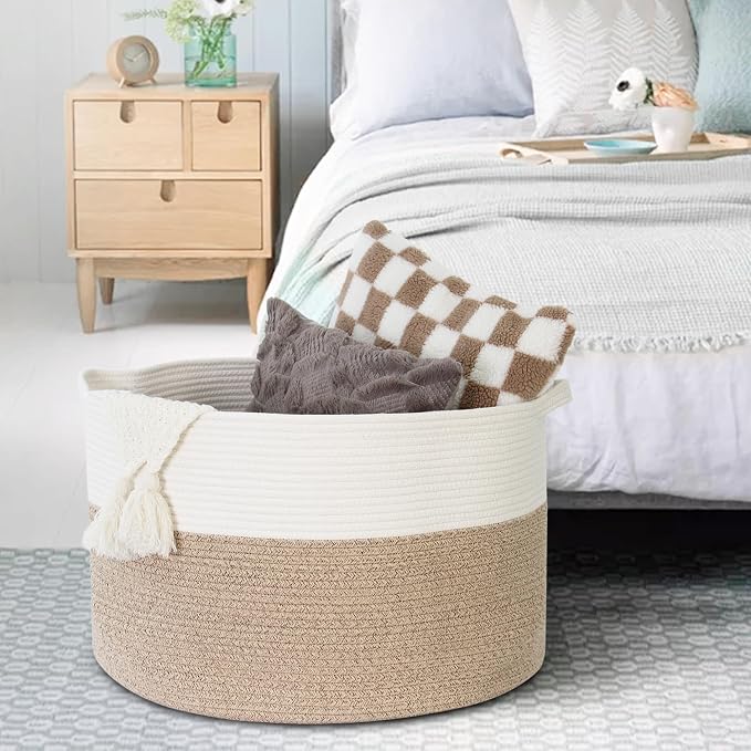 MEGASKET Large Rope Storage Basket, 22" X 22" X 14" Extra Large Woven Baskets for Storage, Cotton Rope Basket for Blankets Toys, Wicker Storage Baskets for Organizing, Wicker Laundry Basket Hamper