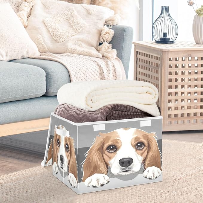 Pet Animal Drawing Fabric Storage Bins with Lid Closet Storage Basket | Foldable & Stackable, Flip Top Dust Guard, Reinforced Handles, Home & Bedroom, Clothes & Toys, Oxford Print Basket