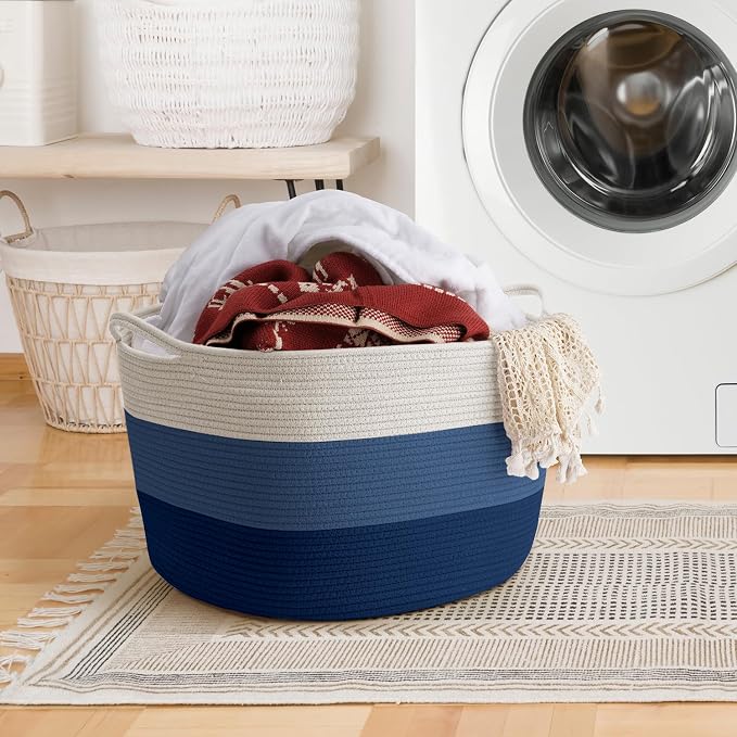 Maliton Woven Rope Blanket Basket Living Room, Storage Basket for Toy, 90L | 22"x14" Cotton Rope Basket. Holds blankets, Toys & Towels & Laundry. For Bedroom, Nursery, Bath & Playroom. Soft & Durable