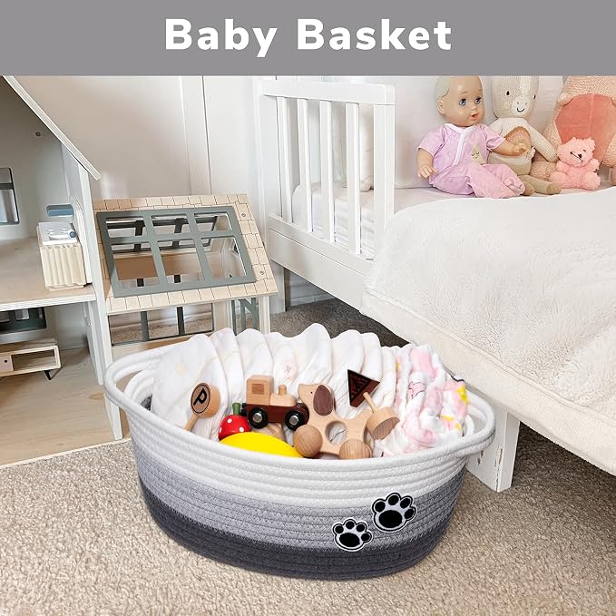 Woven Rope Dog Toy Basket with Paw Print, Mixed Grey | 12"x 8" x 5" Small Dog Toy Bin & Box with Handles, Fits Living Room Bedroom Nursery Organization, Gift Basket Empty for Pets
