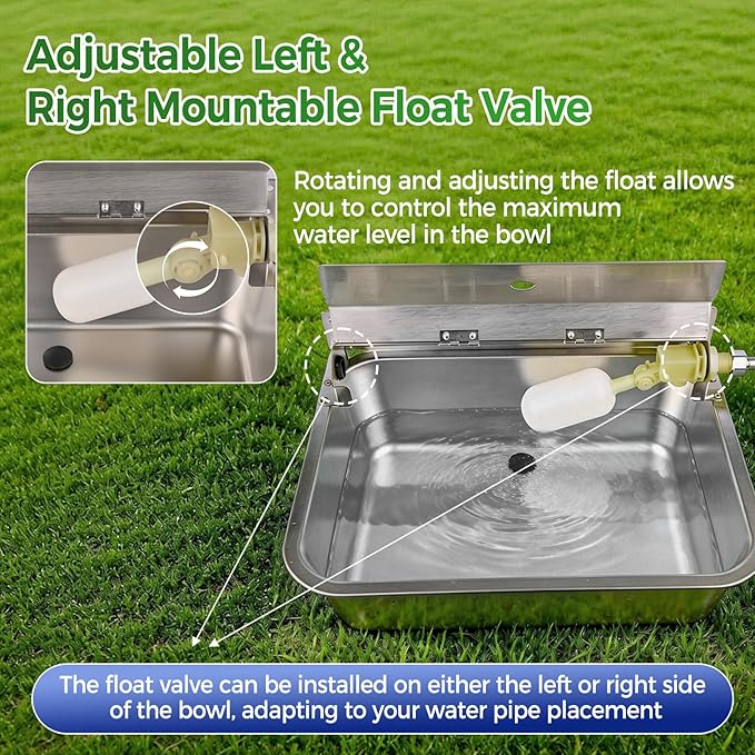 Automatic Dog Water Dispenser with Drain Hole, 304 Stainless Steel Auto Water Dog Bowl with Float Valve, Hose Quick Connect Fitting, Automatic Livestock Waterer for Horse, Chicken (4 Gallons)