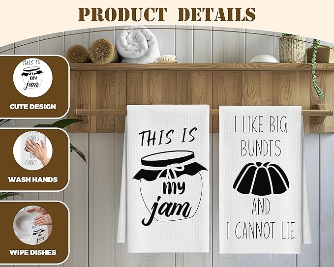 Kitchen Towels Set of 2, Jam and Bundts Dish Towel for Kitchen, Decorative Hand Towels for Bathroom, Fast Drying Tea Towel with Funny Sayings, Housewarming Xmas Gifts for Women Mom -B14