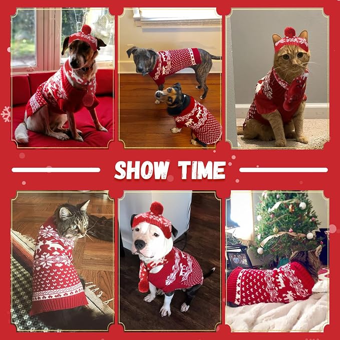 ABRRLO Dog Christmas Outfit 3 PCS Set Pet Xmas Sweater Hat Scarf Snowflake Christmas Dog Cat Sweaters Costume Winter Warm Small Dogs Clothes New Year Holiday Puppy Clothing (Scarf + Hat + Sweater,M)