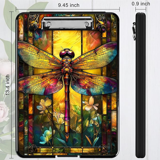 Heavy Duty Storage Clipboard, Slim Nursing Clipboard with Internal Pen Case, Portable File Organizer Case for A4 Letter Size Paper Office Medical Professionals, Retro Dragonfly