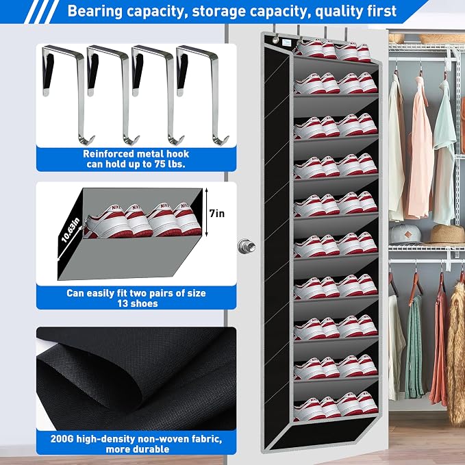 Over the Door Shoe Organizer, Large Shoe Rack for Door 10 Tiers, Heavy Duty Metal Hanging Hook for Shoe Storage, Space Saving Shoe Holder Fits All Family Heels Boots Sneakers - Grey