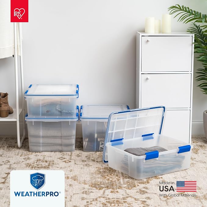 IRIS USA 3-Pack 16 Qt Storage Bins with Gasket Lids, Clear/Blue | WeatherPro seal protects shoes, crafts, documents and supplies from dust and moisture
