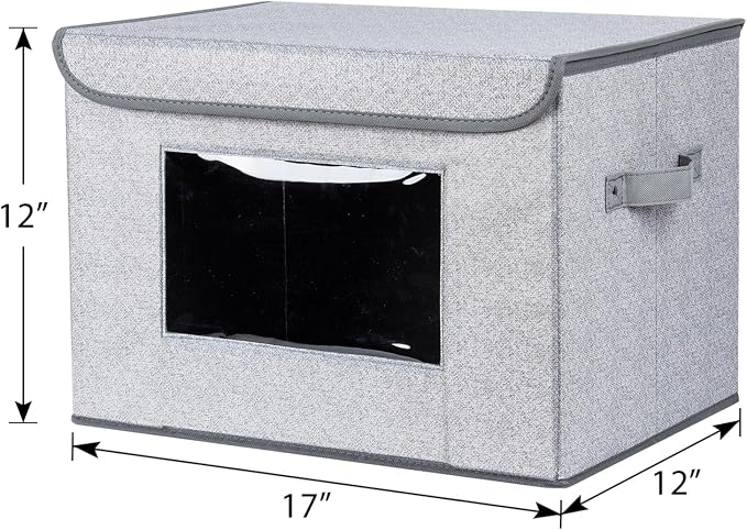 Univivi Larger Fabric Collapsible Storage Bins, Foldable Storage Boxes with Lids, Storage Cube Organizer Basket for Home, Closet, Bedroom(Gray, 17“ x 12” x 12") | 17 x 12 x 12 In Clothes Storage Bins with Handles & Window, Foldable Closet Organizers an...