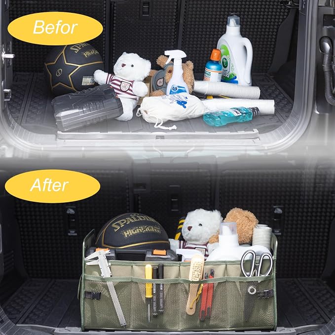 JiatuA Car Trunk Organizer, Collapsible Car Organizers and Storage Green | Sturdy, Large Capacity, Clean Decor, Multi Compartment Container Box, Adjustable Car Accessories for SUV Sedan Truck