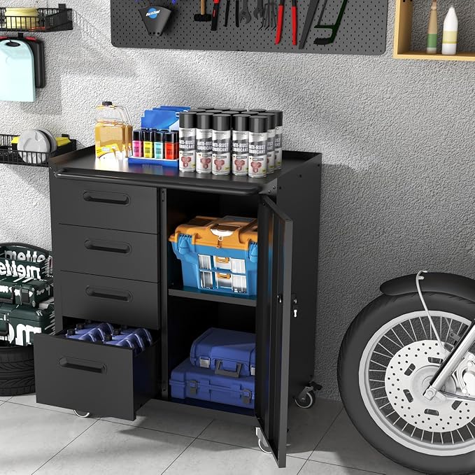 Mobile Tool Storage Cabinet with 4 Drawer and 1 Locking Doors | Heavy Duty Rolling Tool Cabinets for Garage,Metal Storage Cabinets Tool Cart on Wheels with Wheels,Assembly Required