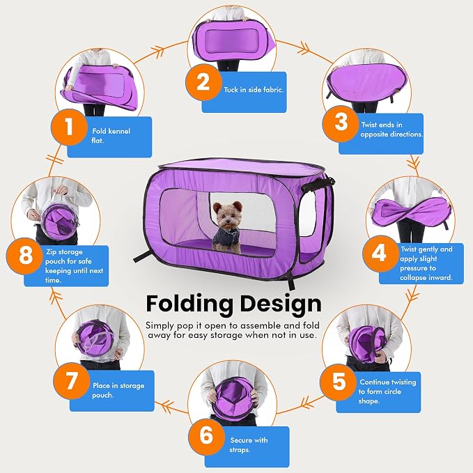 Portable Collapsible Pop Up Kennel, 40" L x 27" W x 27" H, Purple | Collapsible indoor/outdoor travel cat and dog crate with mesh screen windows pops up and folds flat for easy storage