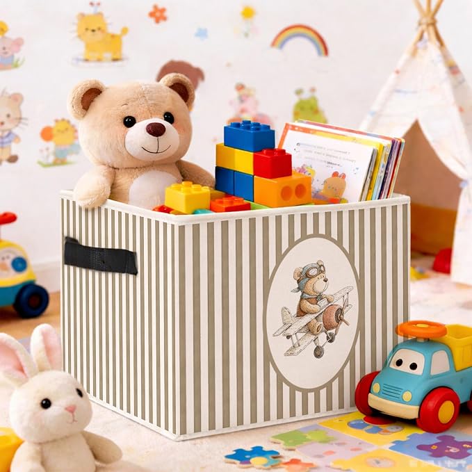 Airplane Bear Pilot Teddy Foldable Fabric Storage Bin | Pilot teddy bear stripe design; foldable fabric storage bin for kids room, nursery, playroom, toys, books, or clothes.