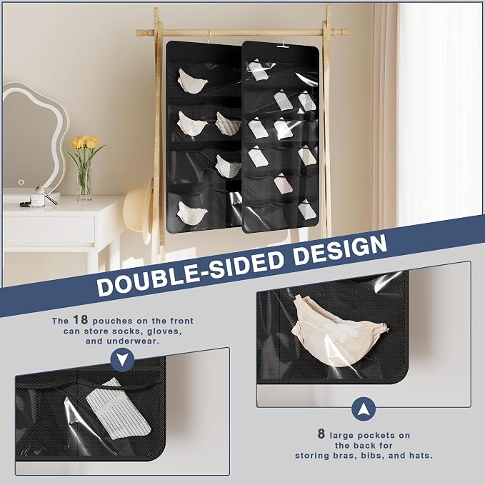 26-Pocket Hanging Closet Organizer for Socks and Underwear, Black | Non-woven clear compartments keep bras & leggings visible; swivel hook fits wardrobe, closet rod, wall, door or shelves.