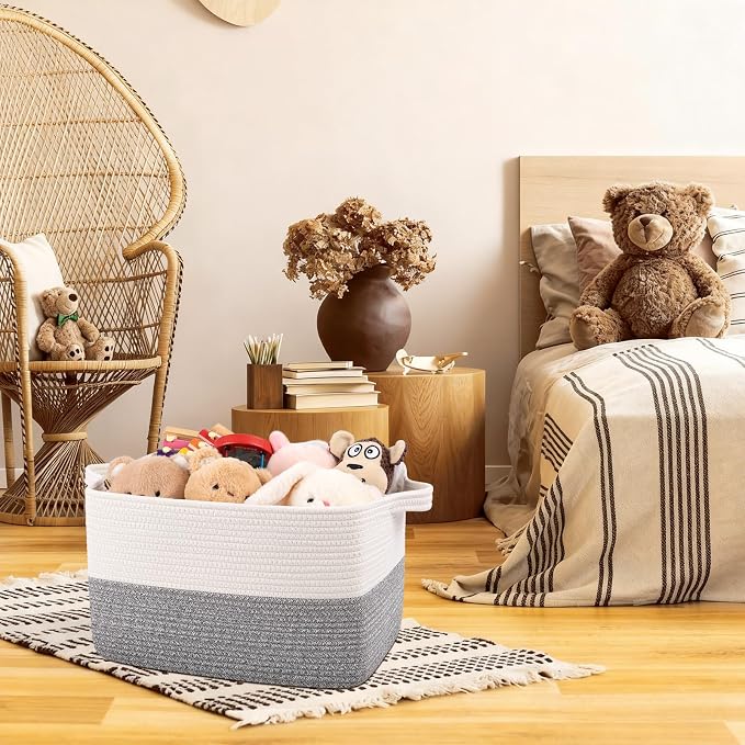 OIAHOMY Woven Storage Basket for Shelves, Rectangle Cotton Rope Baskets for Organizing, 16 x 12 x 10 in, Storage Bins for Dog Toys,Towel,Books,Gift,Grey and White