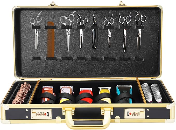 Professional Barber Carrying Case with Fireproof Panel & 3-Digit Lock, Aluminum Alloy Stylist Organizer for Hairstylists, Pet Groomers, Makeup Artists (Golden)